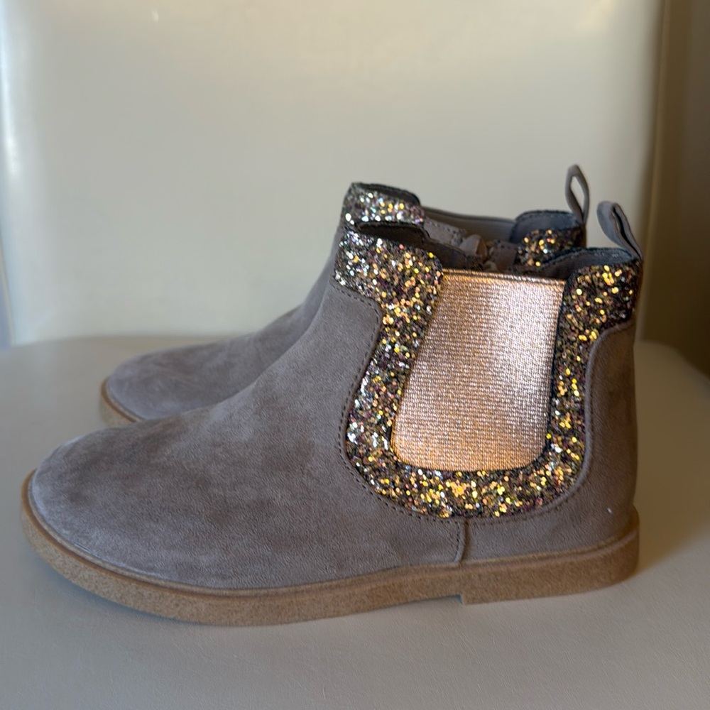 Suede booties, light mocha,tan color, glitter detail.  Excellent condition